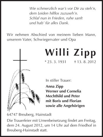 Traueranzeige von Willi Zipp von Darmstädter Echo